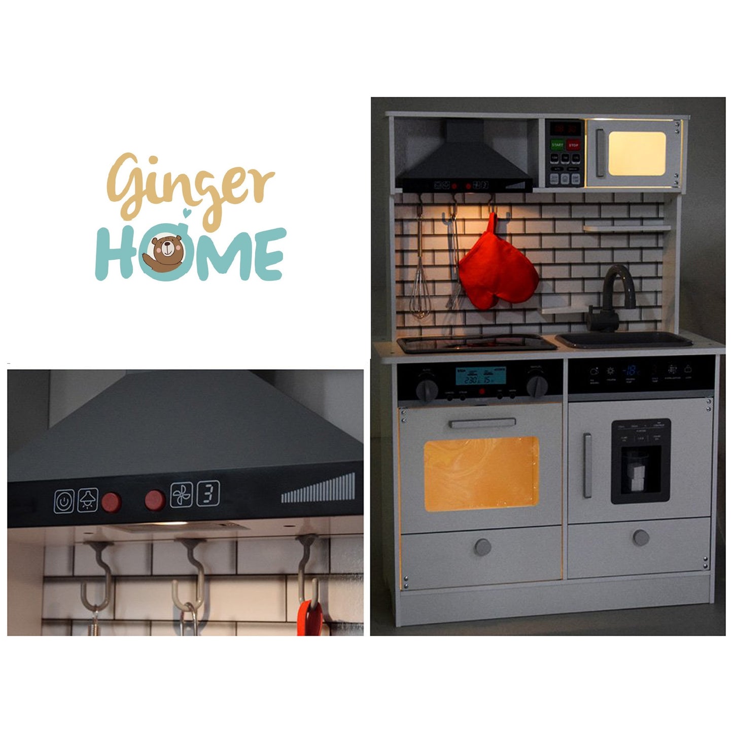 Детска Дървена Кухня GINGER HOME със Звук, Светлина, Бяла W10C493J
