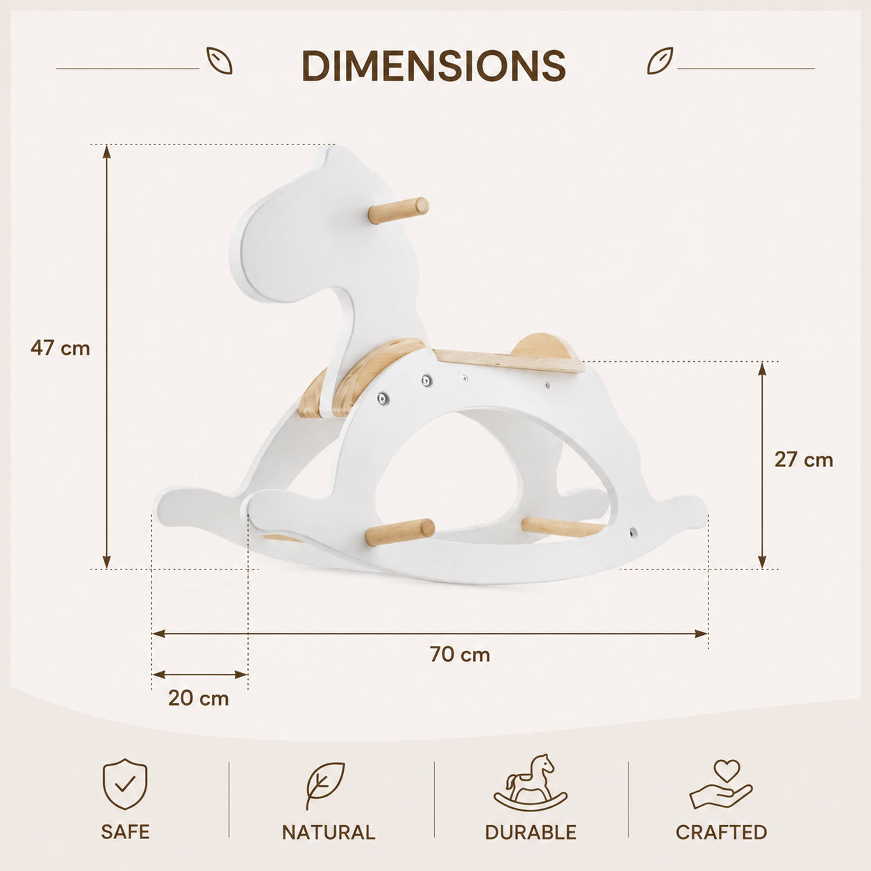 Детско дървено конче за люлеене GINGER HOME с размери 70x20x47 см, бяло, безопасна и стабилна Монтесори играчка