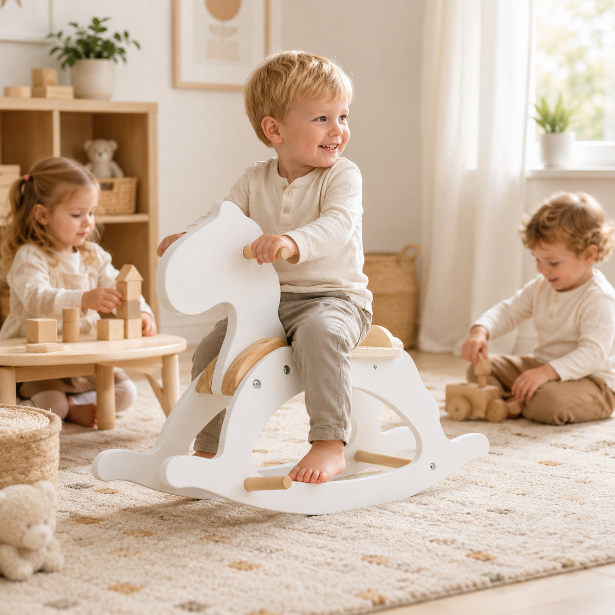 Дете се люлее на дървено конче GINGER HOME в уютна детска стая