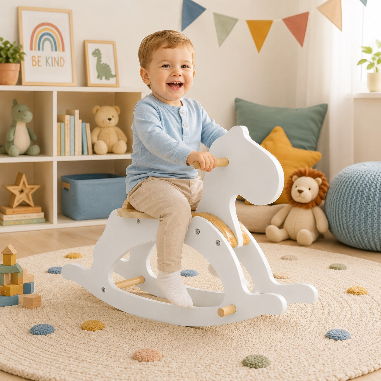 Момченце играе с бяло дървено конче за люлеене GINGER HOME в детска стая