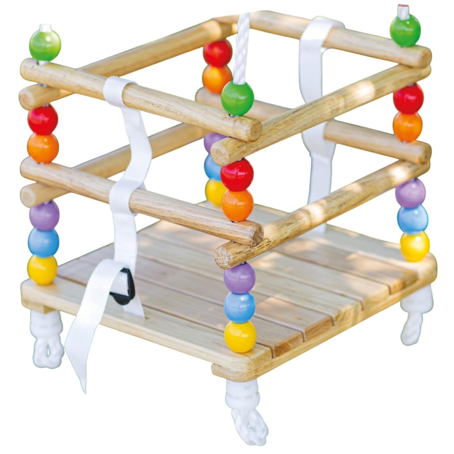 Бебешка дървена люлка GINGER HOME, изглед отгоре с пълна защитна рамка и колан