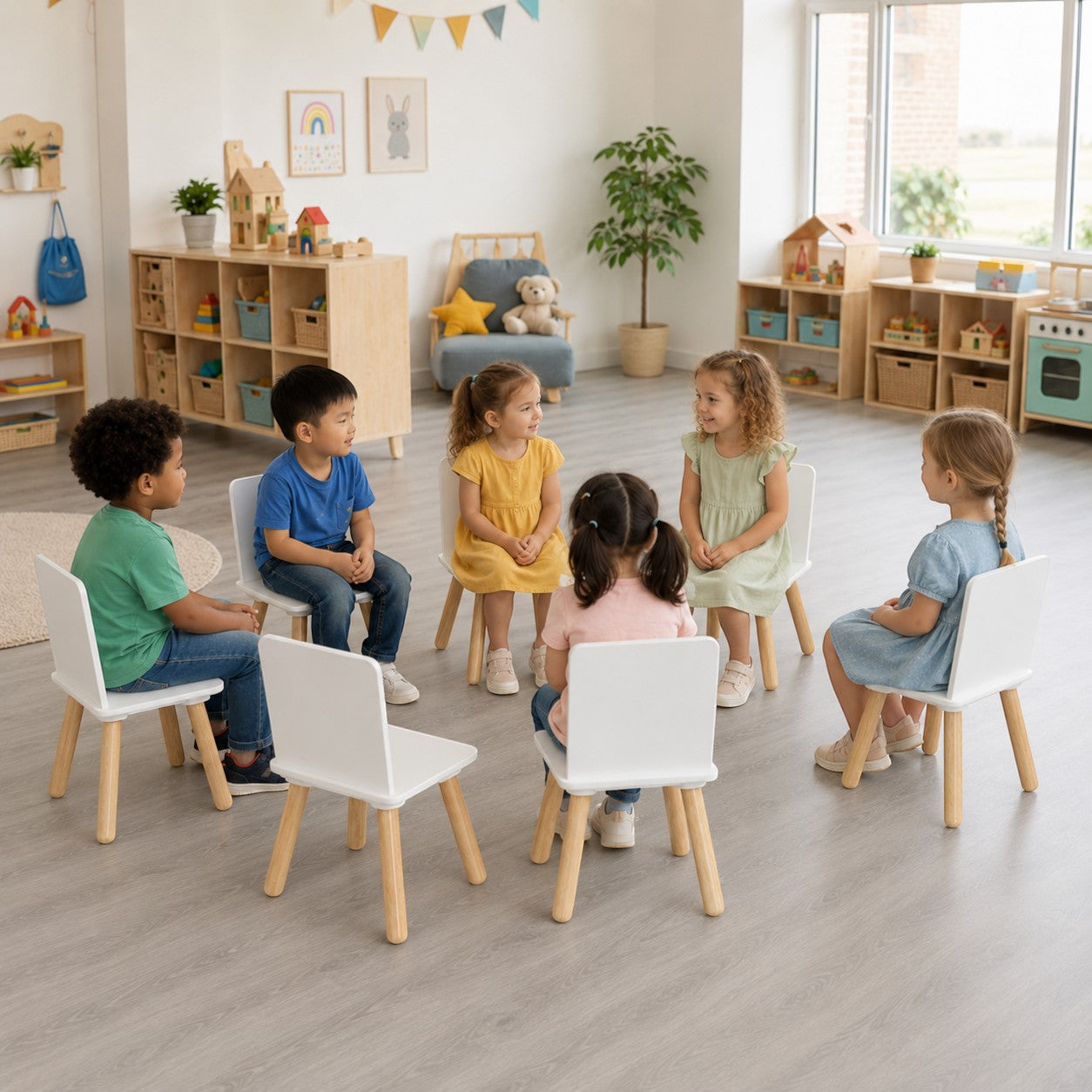 Деца седят на бели детски столчета GINGER HOME в занималня за групови игри и разговори