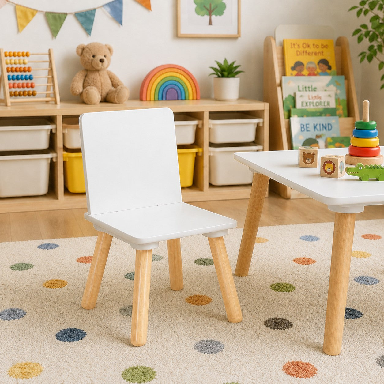 Бяло детско столче GINGER HOME до детска маса в кът за игра с дървени играчки
