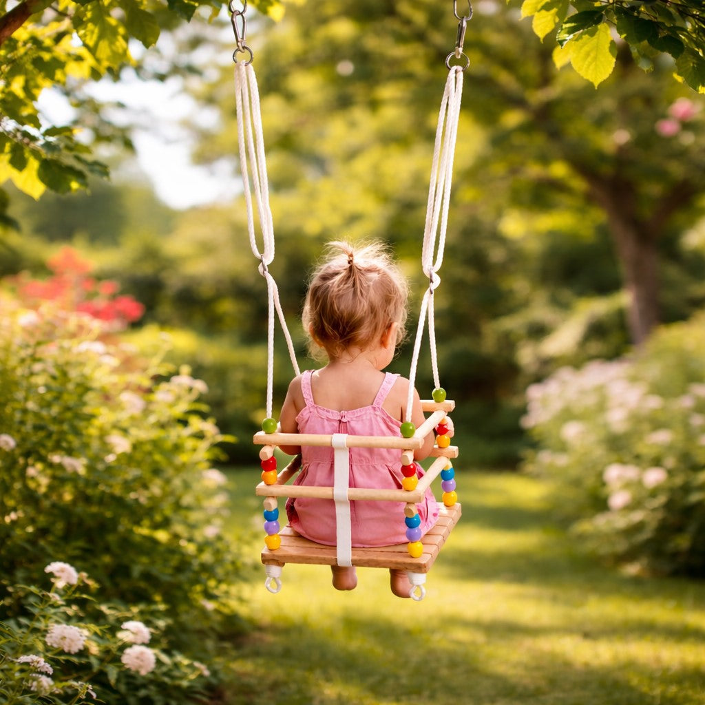 Дървена детска люлка GINGER HOME за градина, люлеене на открито в безопасна седалка