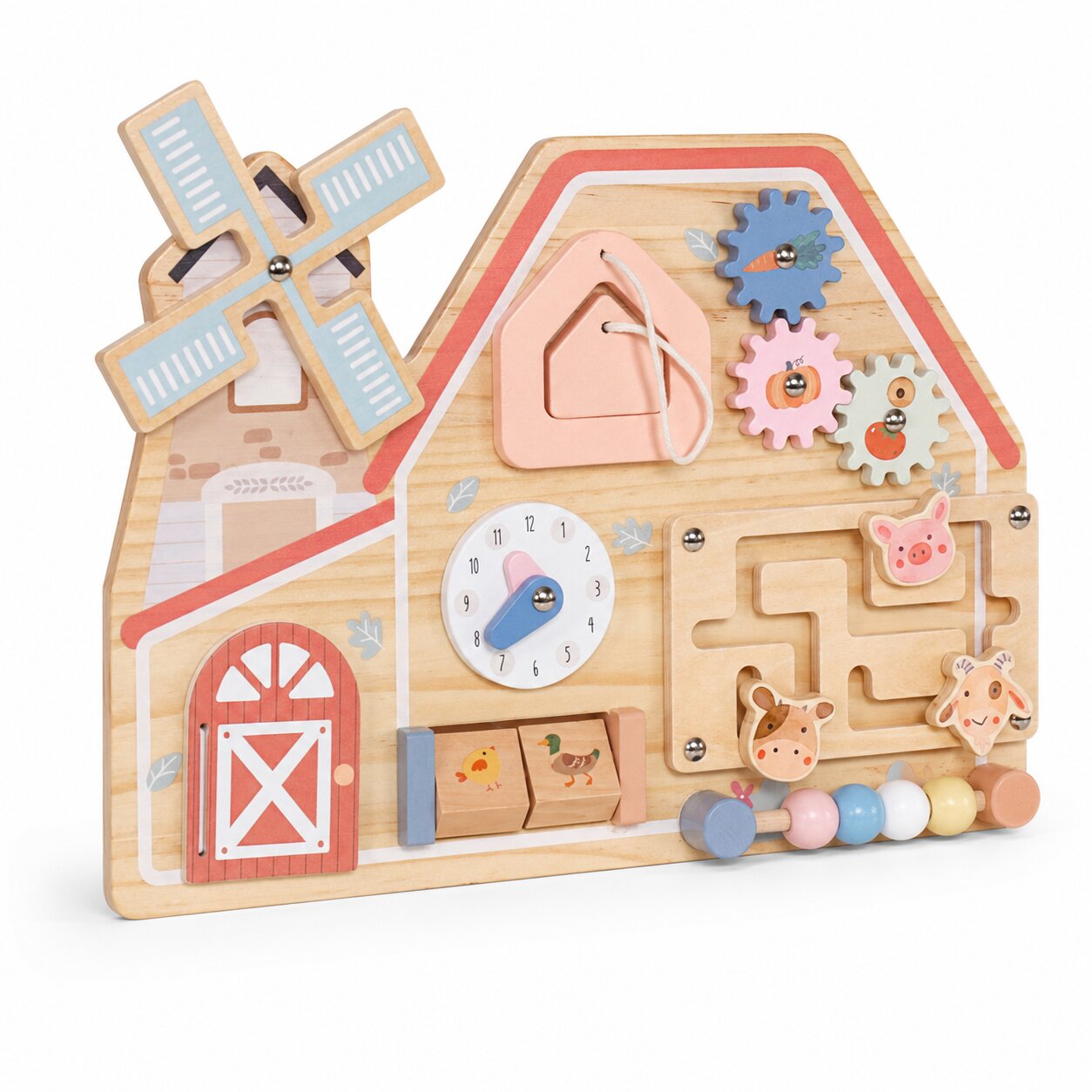 Детска активна дъска ферма от масивно дърво GINGER HOME с Монтесори елементи за фина моторика
