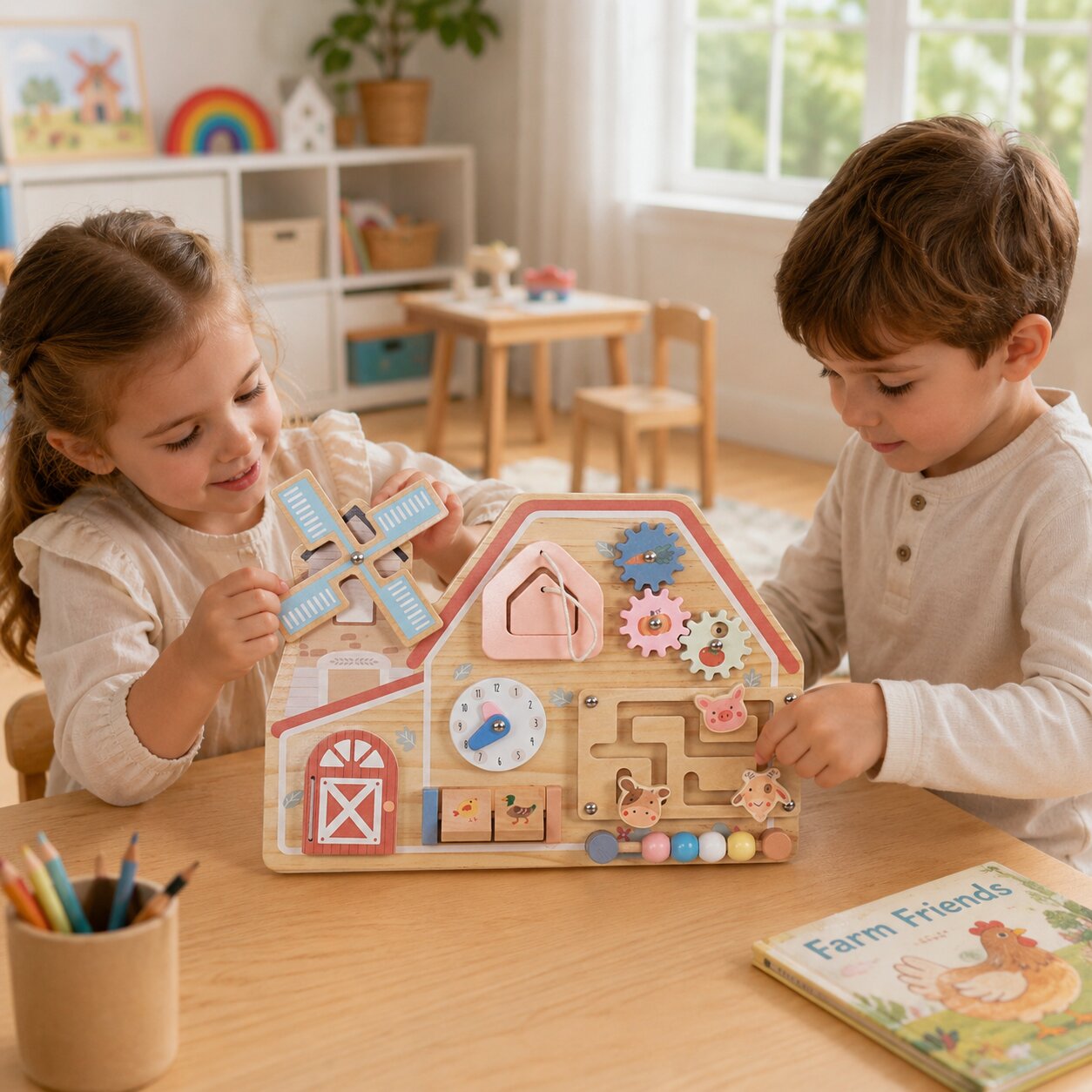 Две деца играят с дървен бизи борд ферма GINGER HOME с лабиринт, часовник, мелница и сензорни елементи