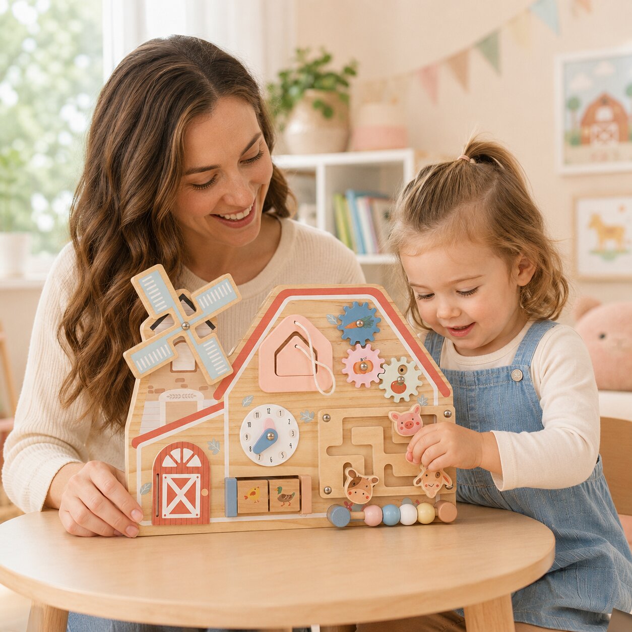Майка и дете играят с дървена активна дъска ферма GINGER HOME за фина моторика и концентрация