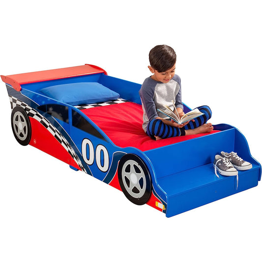 Дървено Детско Легло Кола, Състезателна с Вградено Стъпало и Рамка за Безопасност - RACE