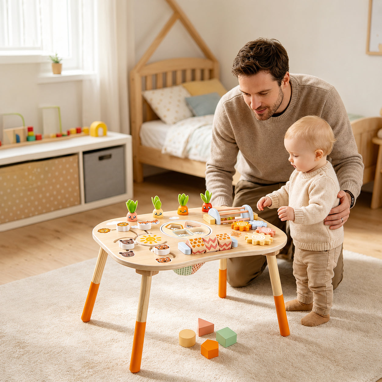 Баща и дете играят с дървена активна Монтесори маса GINGER HOME 6 в 1 за ранно обучение