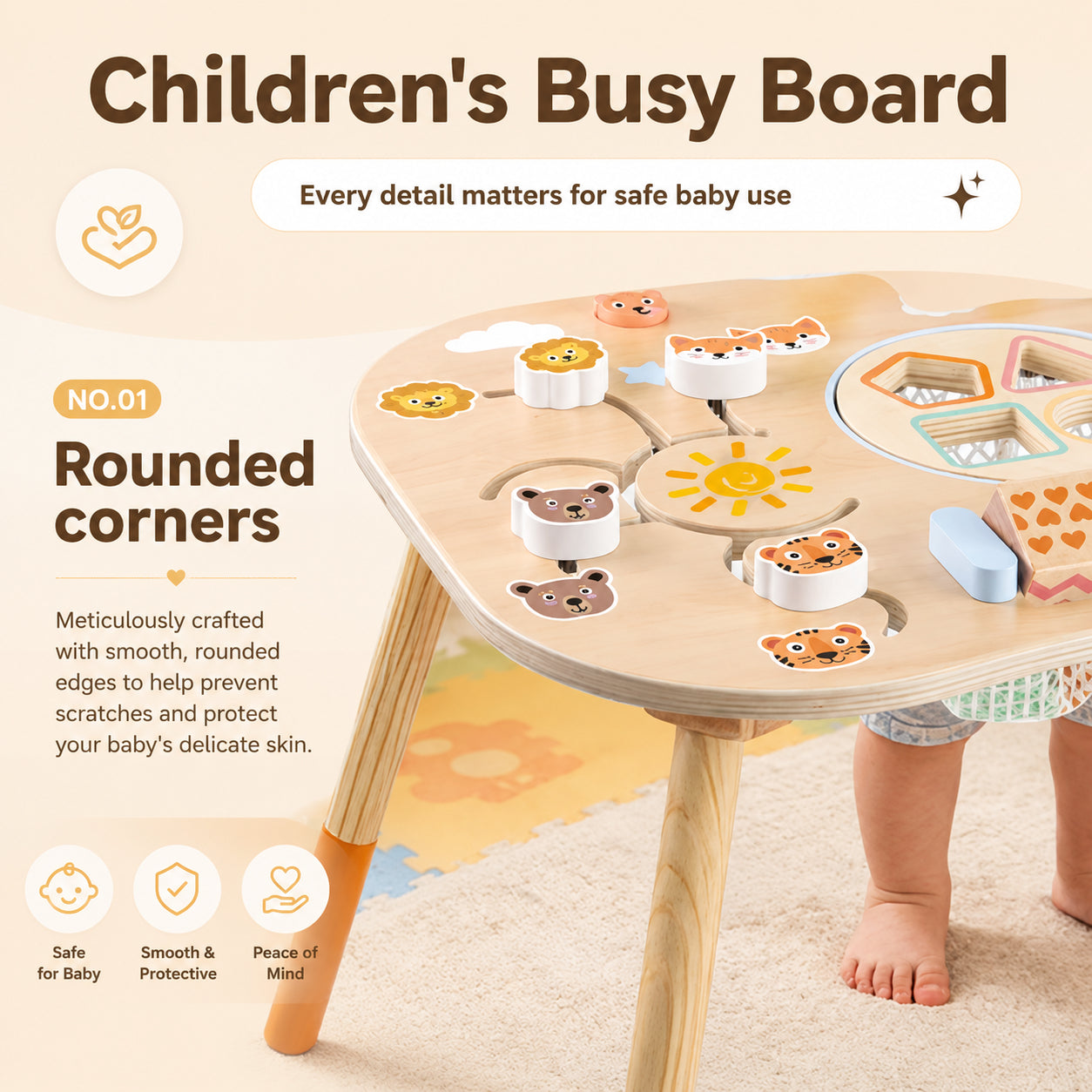Детска busy board маса GINGER HOME с безопасни заоблени ъгли и гладки дървени ръбове