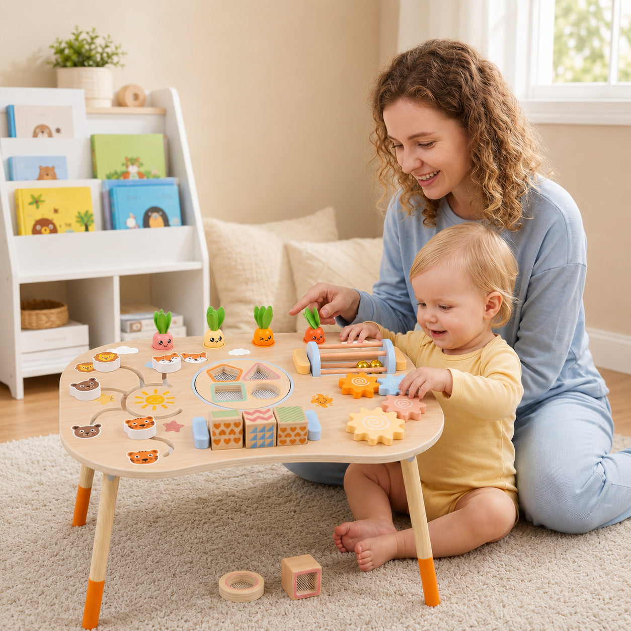Майка и дете играят с дървена Монтесори активна маса GINGER HOME за ранно развитие и координация