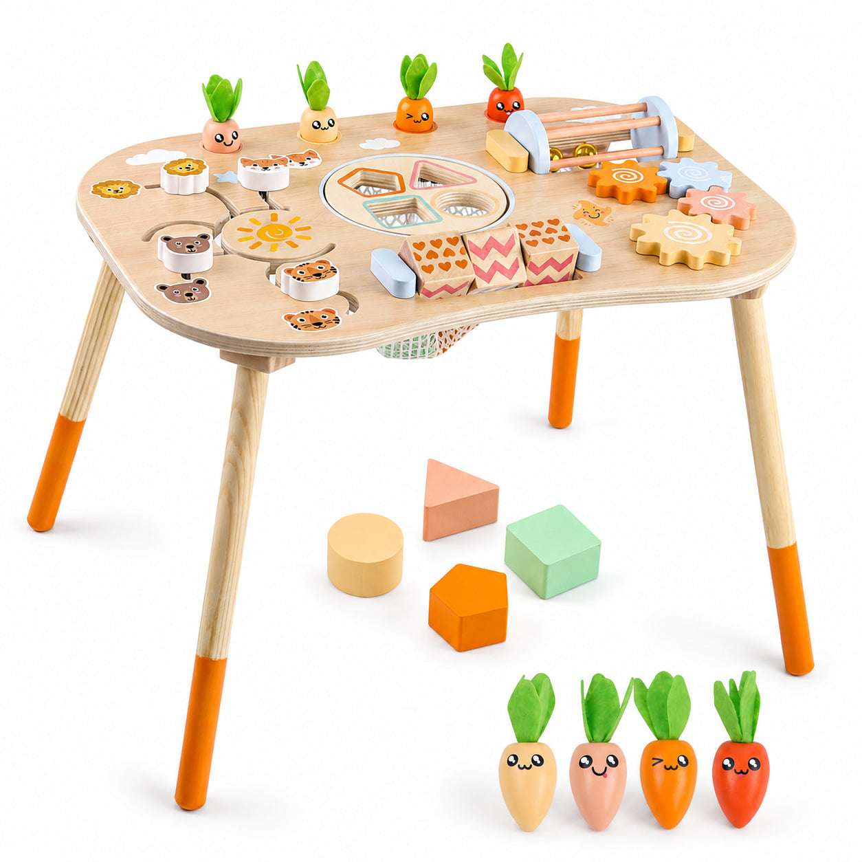 Детска активна Монтесори маса 6 в 1 GINGER HOME HL001 с дървени игри, сортери, зъбни колела, моркови и цветни форми