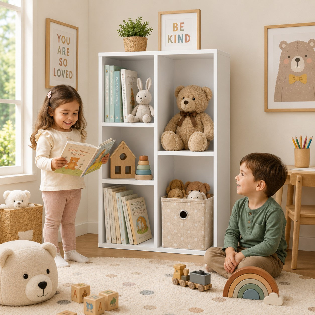 Детска Етажерка GINGER HOME с 5 Отделения, Бял Органайзер за Книги и Играчки, 49.5×24×80 см