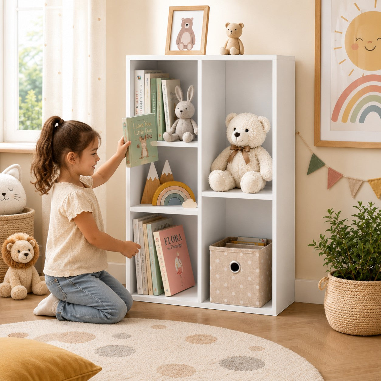 Детска Етажерка GINGER HOME с 5 Отделения, Бял Органайзер за Книги и Играчки, 49.5×24×80 см