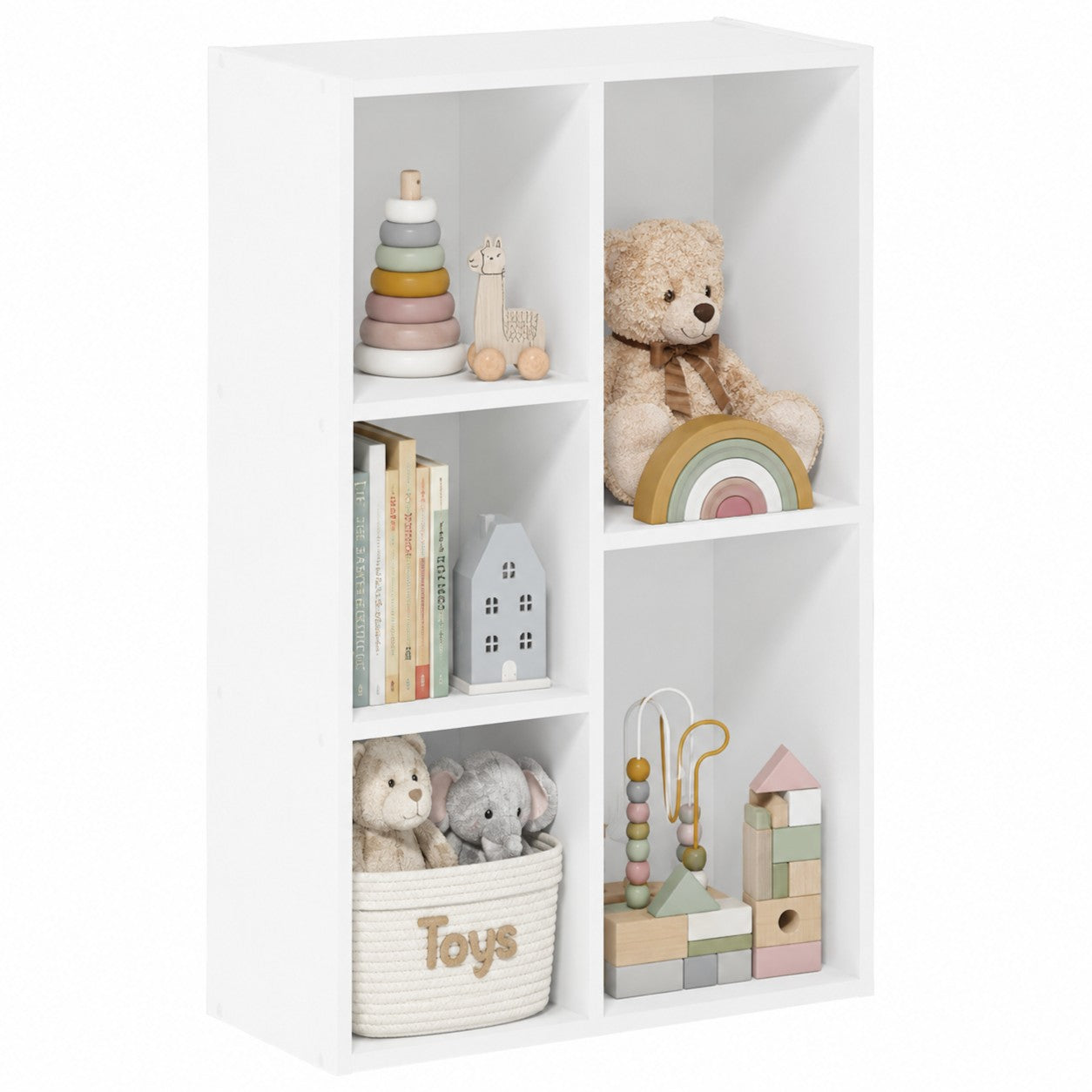 Детска Етажерка GINGER HOME с 5 Отделения, Бял Органайзер за Книги и Играчки, 49.5×24×80 см