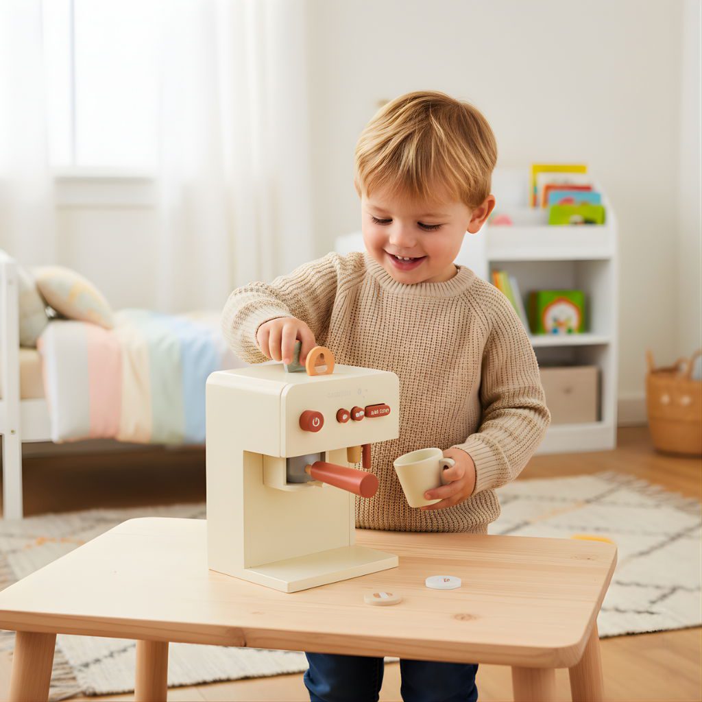 Дете играе с детска дървена кафе машина GINGER HOME и чаша на детска маса