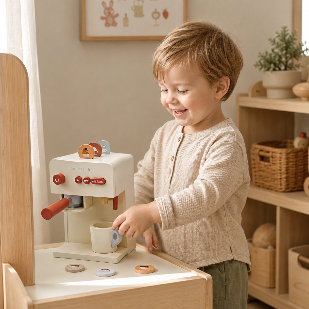 Дете приготвя кафе с дървена кафе машина GINGER HOME в детска кухня
