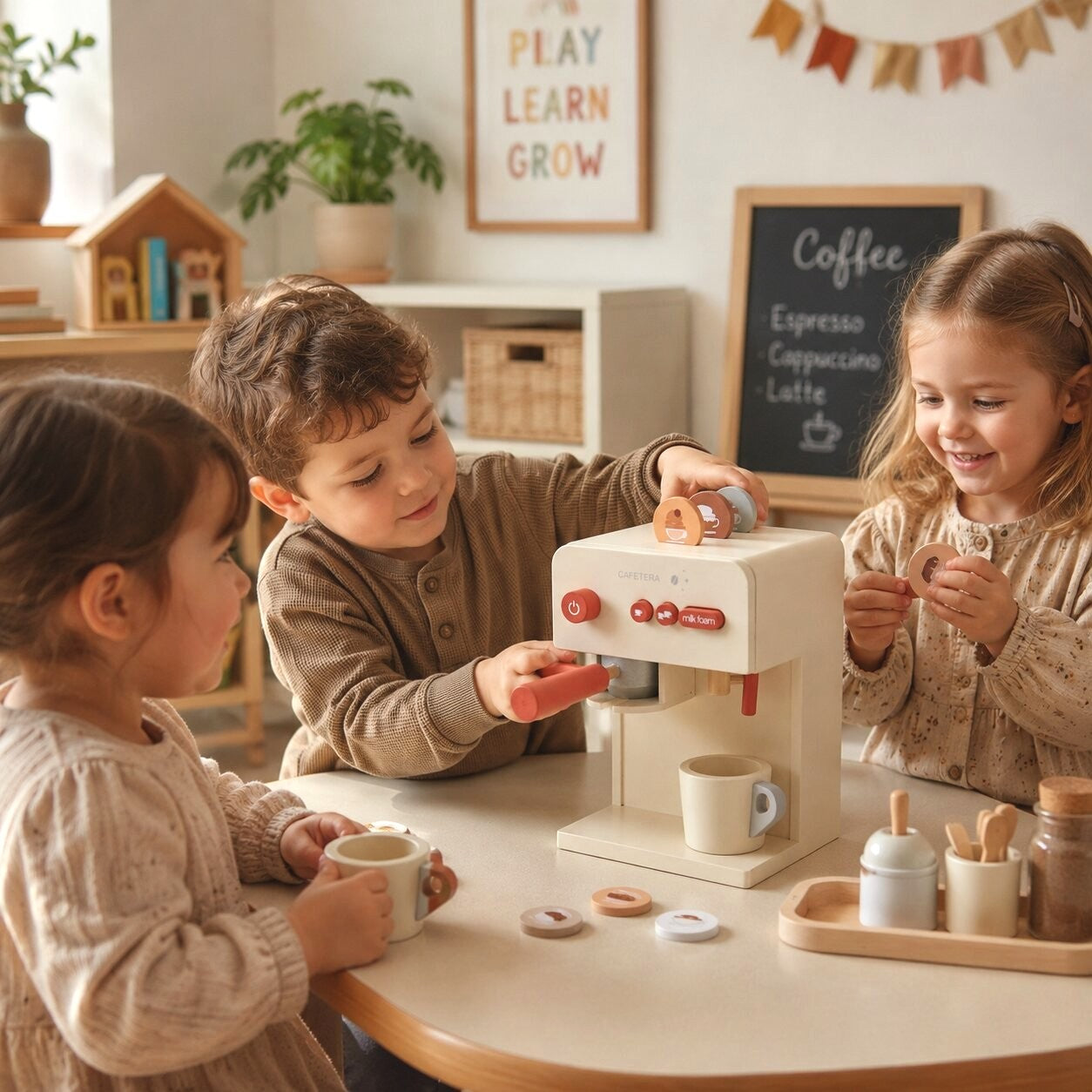 Деца играят заедно с детска дървена кафе машина GINGER HOME в кът за кафене