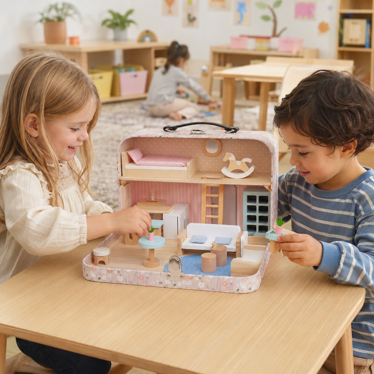 Деца играят с преносима дървена къща куфар GINGER HOME на маса, с мини мебели и аксесоари за кукли