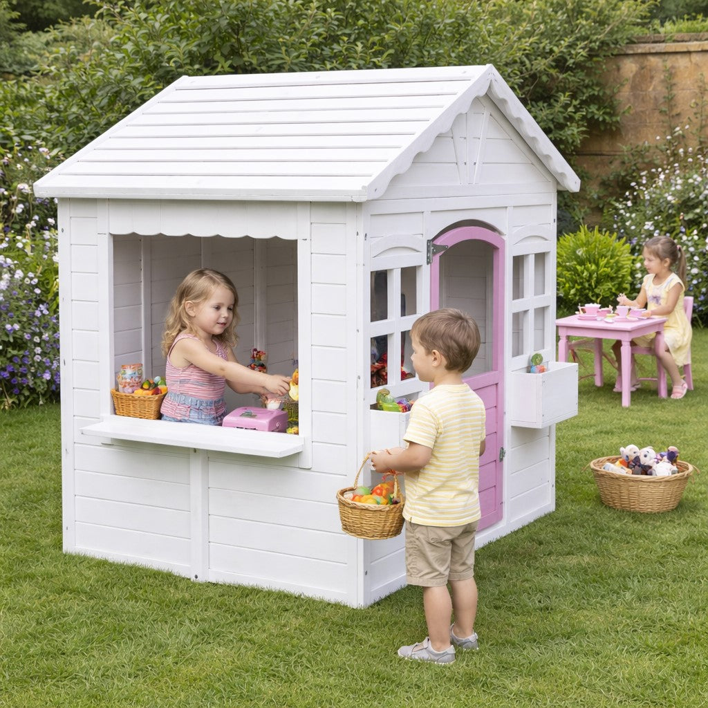 Деца играят в детска дървена къщичка GINGER HOME в градината