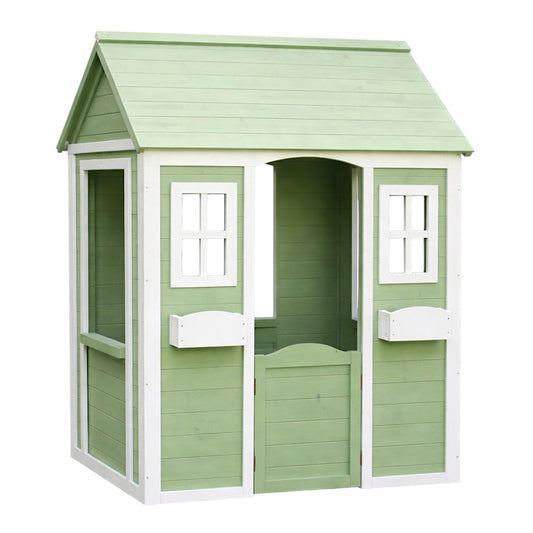 Детска дървена къщичка за игра на открито GINGER HOME в зелено и бяло, подходяща за двор и градина