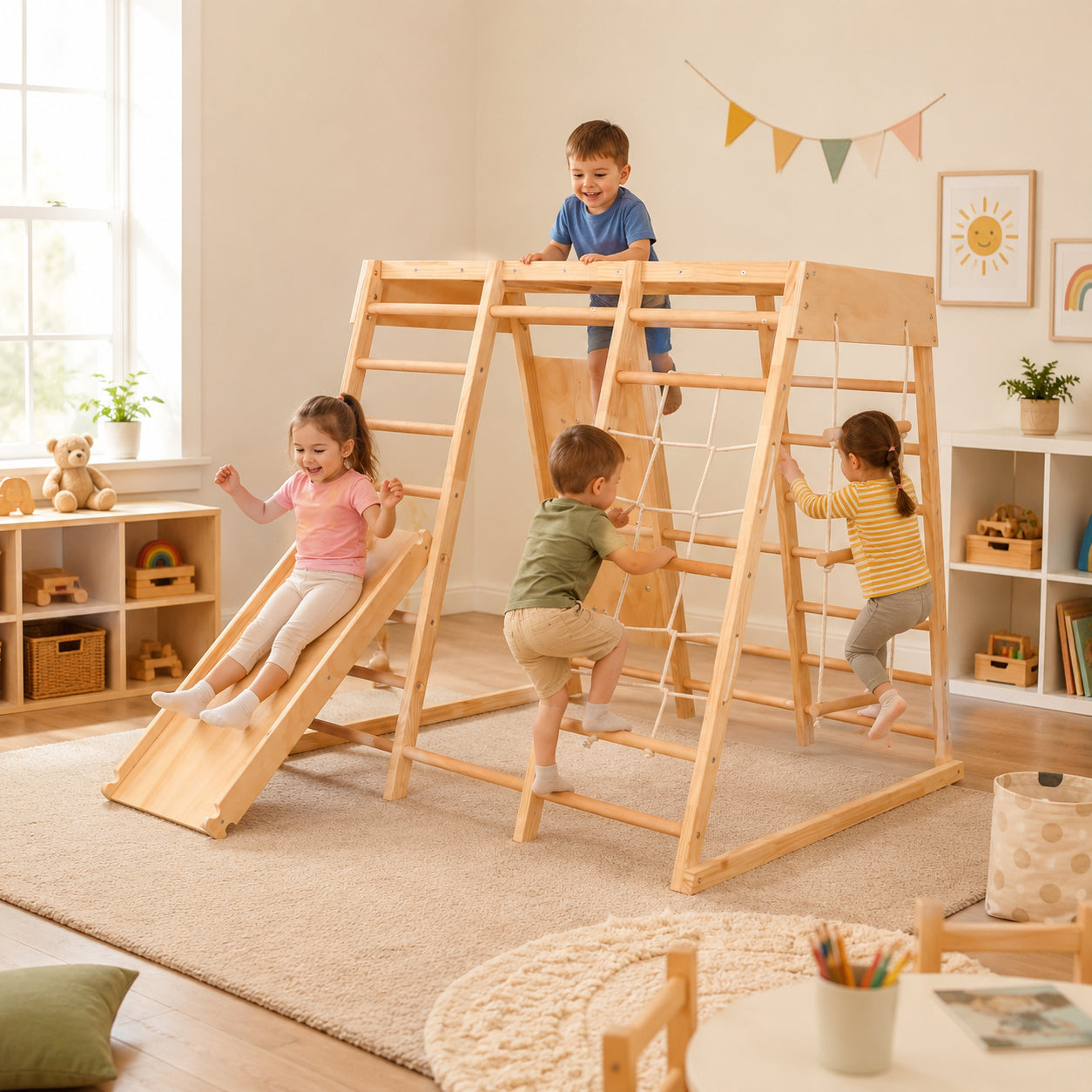 Детска дървена катерушка Ginger Home с деца в уютна игрова стая за активна игра у дома