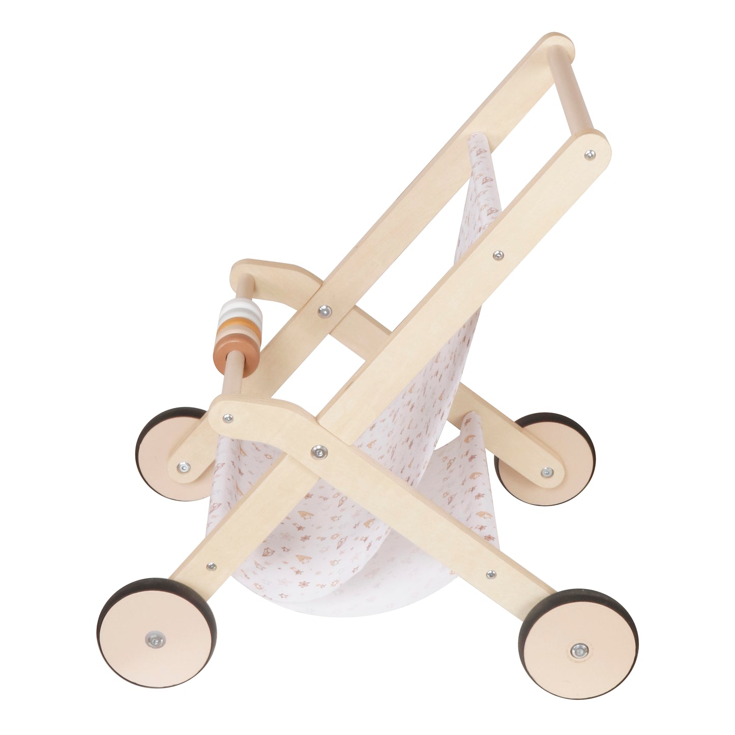 Детска дървена количка за кукли GINGER HOME изглед отстрани с текстилен кош, дървена рамка и четири колела