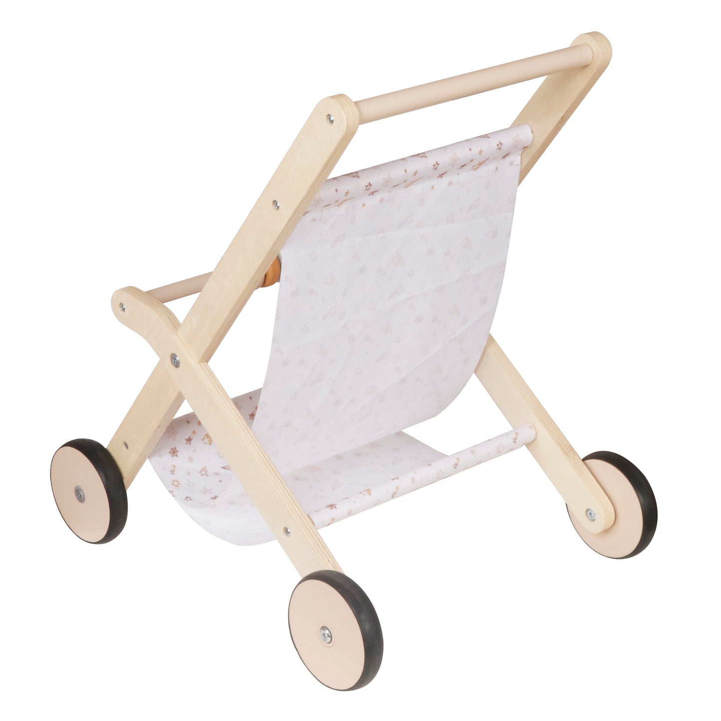 Детска дървена количка за кукли GINGER HOME изглед отзад с текстилен кош, дървена рамка и четири колела