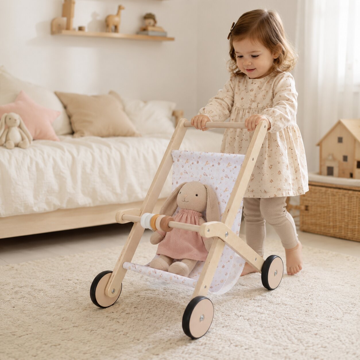 Дете играе с дървена количка за кукли GINGER HOME и плюшено зайче в уютна детска стая