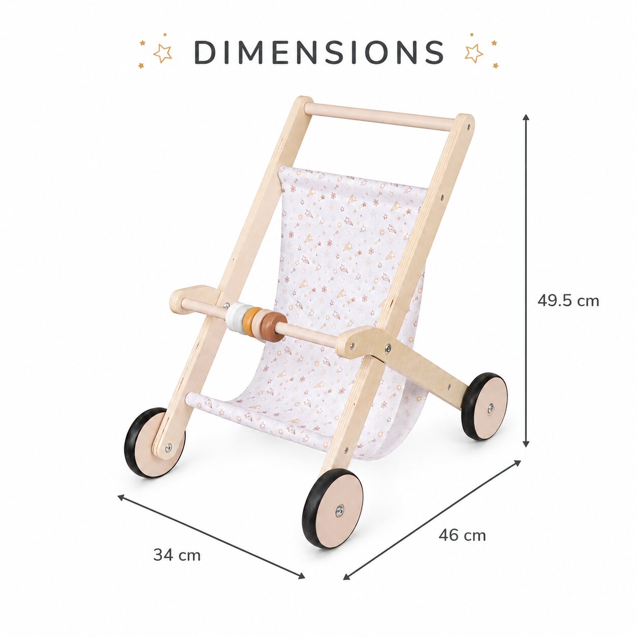 Размери на детска дървена количка за кукли GINGER HOME 34x46x49.5 см с мек текстилен кош