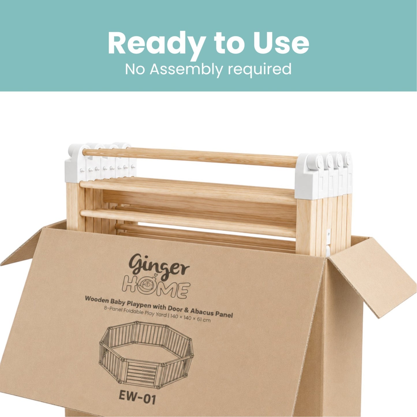 Детска Дървена Кошара за Игра GINGER HOME, 8 Панела, с Вратичка, Бизи Борд и Защитно Заключване, Масивен Новозеландски Бор, 140x140x61 см