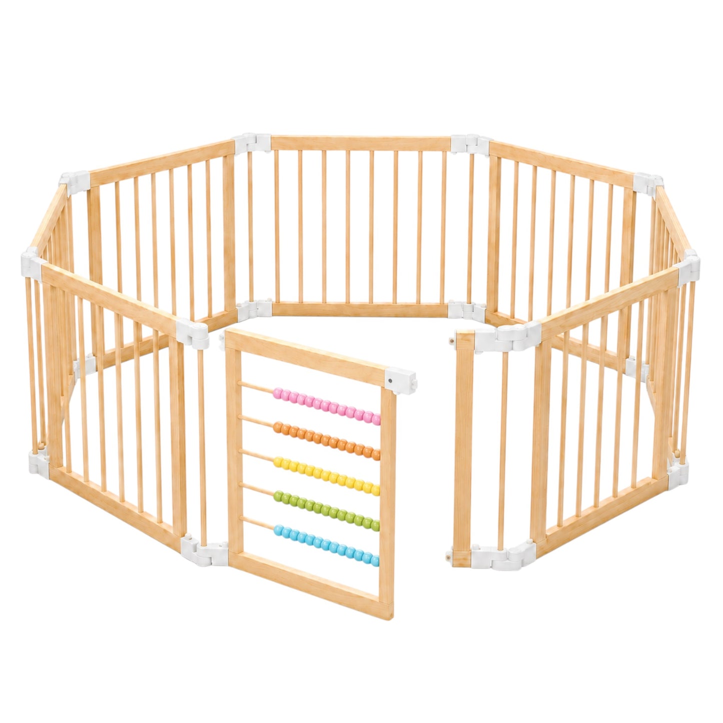 Детска Дървена Кошара за Игра GINGER HOME, 8 Панела, с Вратичка, Бизи Борд и Защитно Заключване, Масивен Новозеландски Бор, 140x140x61 см