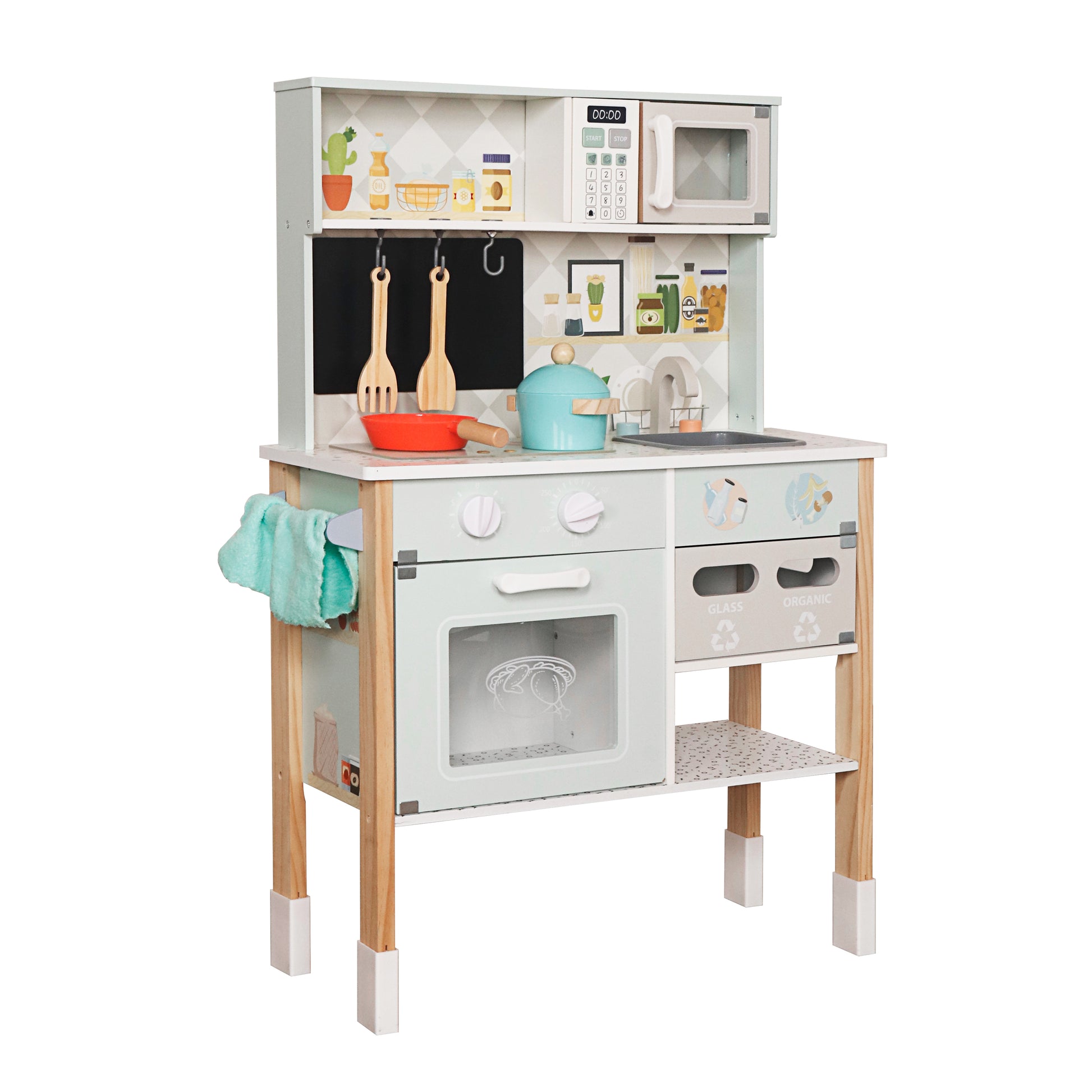 Детска дървена кухня GINGER HOME, страничен изглед с микровълнова, мивка, фурна, шкафове и сортер за игра