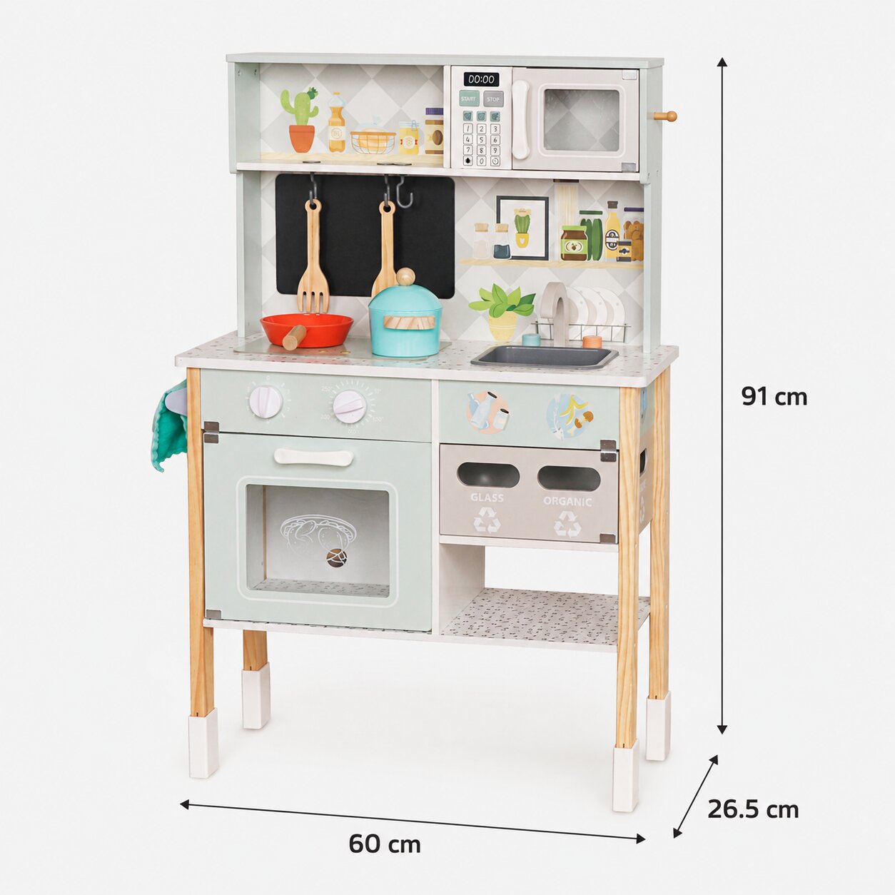 Размери на детска дървена кухня GINGER HOME 60x26.5x91 см с електронен котлон, микровълнова фурна и мивка