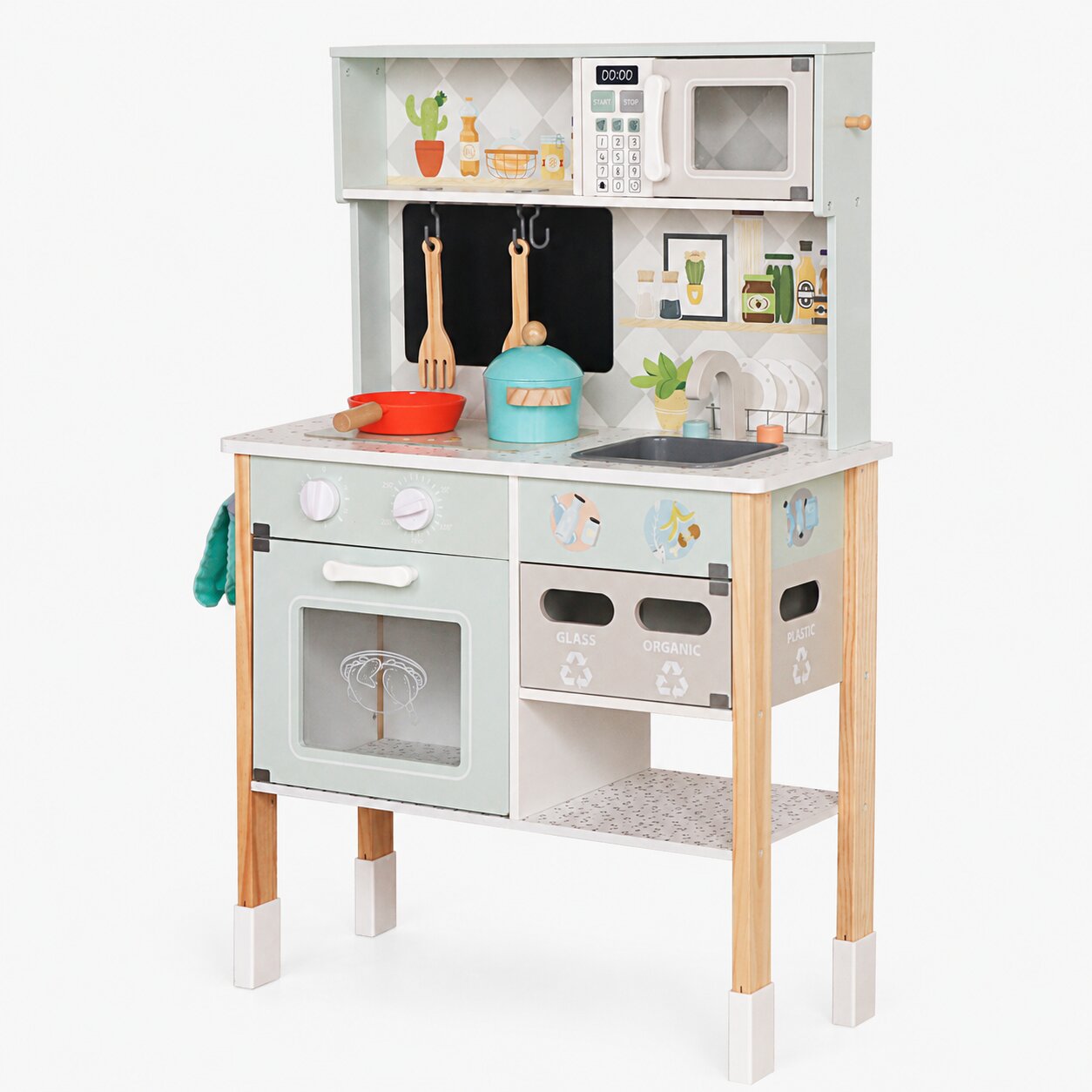 Детска дървена кухня GINGER HOME с електронен котлон, микровълнова фурна, мивка и аксесоари за ролеви игри