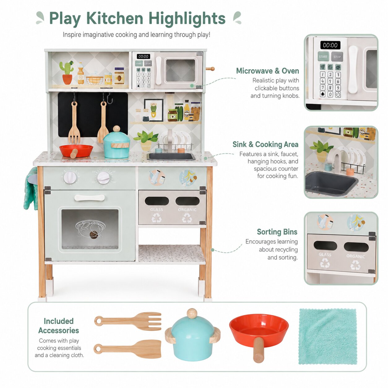 Детска кухня GINGER HOME с Play Kitchen Highlights, електронна микровълнова, мивка, сортер и включени аксесоари