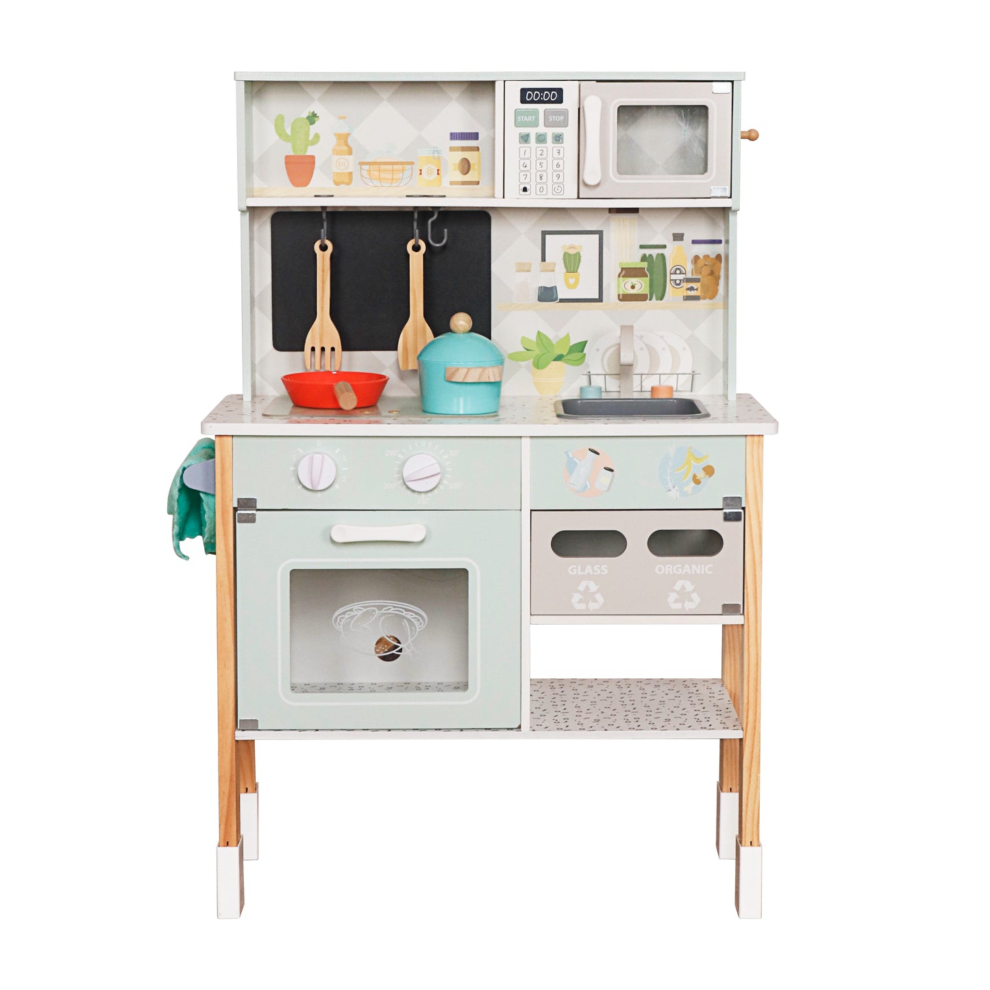 Детска дървена кухня GINGER HOME с електронен котлон, микровълнова фурна, мивка, фурна, сортер и аксесоари