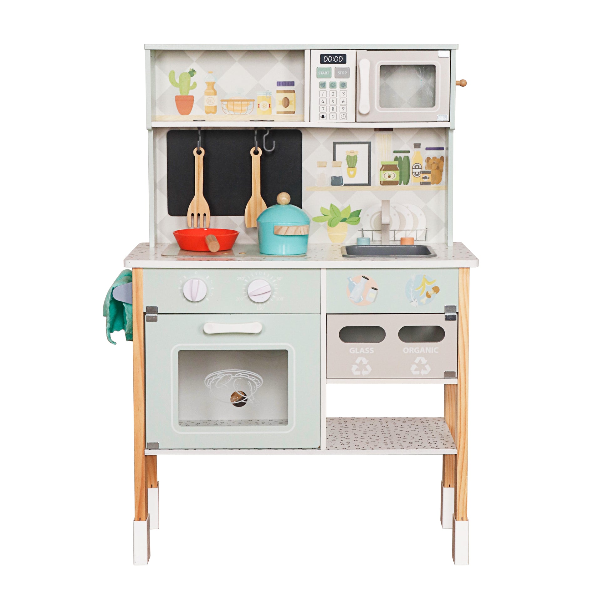 Детска дървена кухня GINGER HOME с електронен котлон, микровълнова фурна, мивка, фурна, сортер и аксесоари