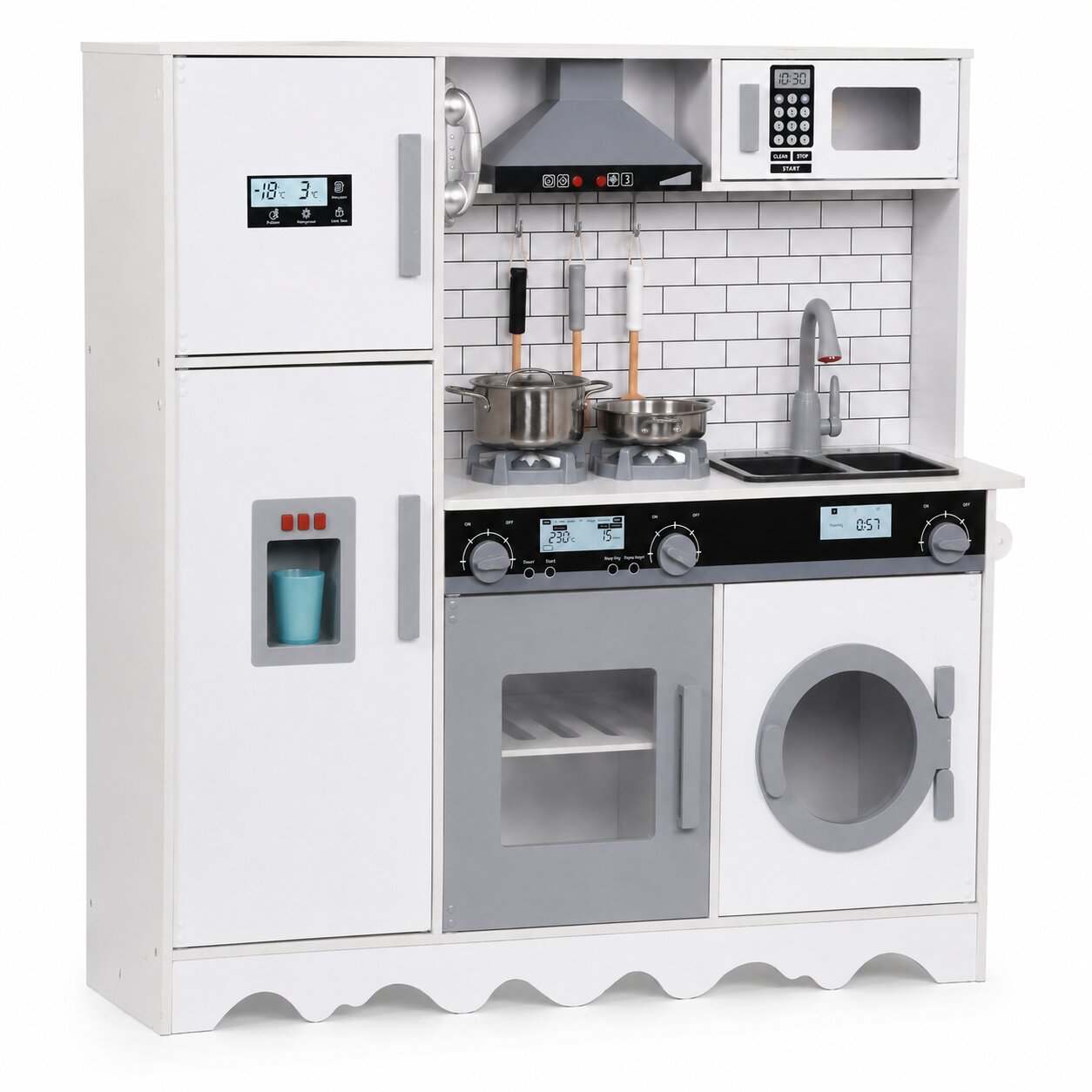 Голяма детска дървена кухня GINGER HOME W10C991 в бяло и сиво с електронни функции, съдове, котлони и мивка
