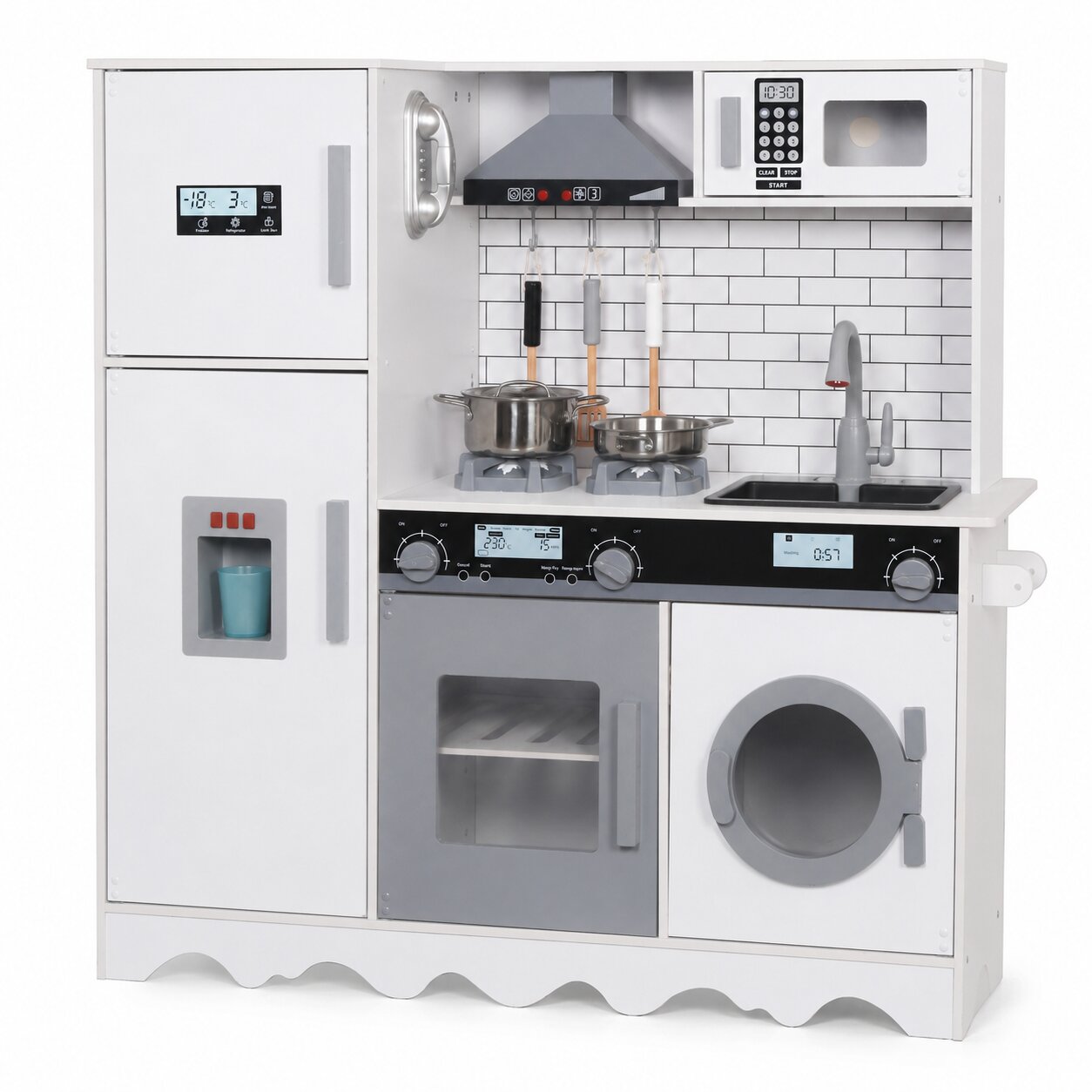Детска кухня GINGER HOME W10C991 с хладилник, абсорбатор, микровълнова, мивка с кран и пералня за реалистична ролева игра