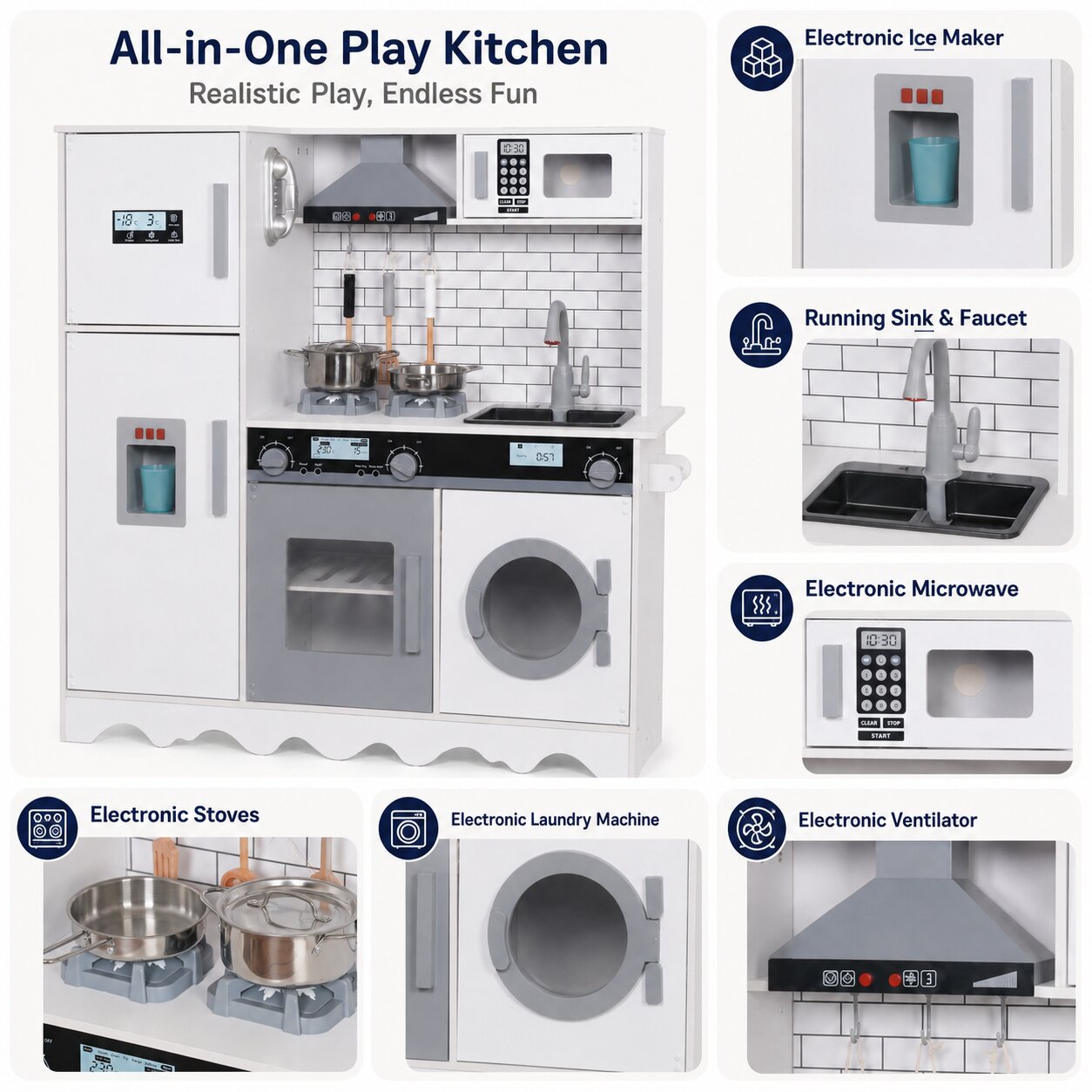 Детска дървена кухня GINGER HOME all-in-one с електронен ледогенератор, мивка, микровълнова, котлони, пералня и абсорбатор