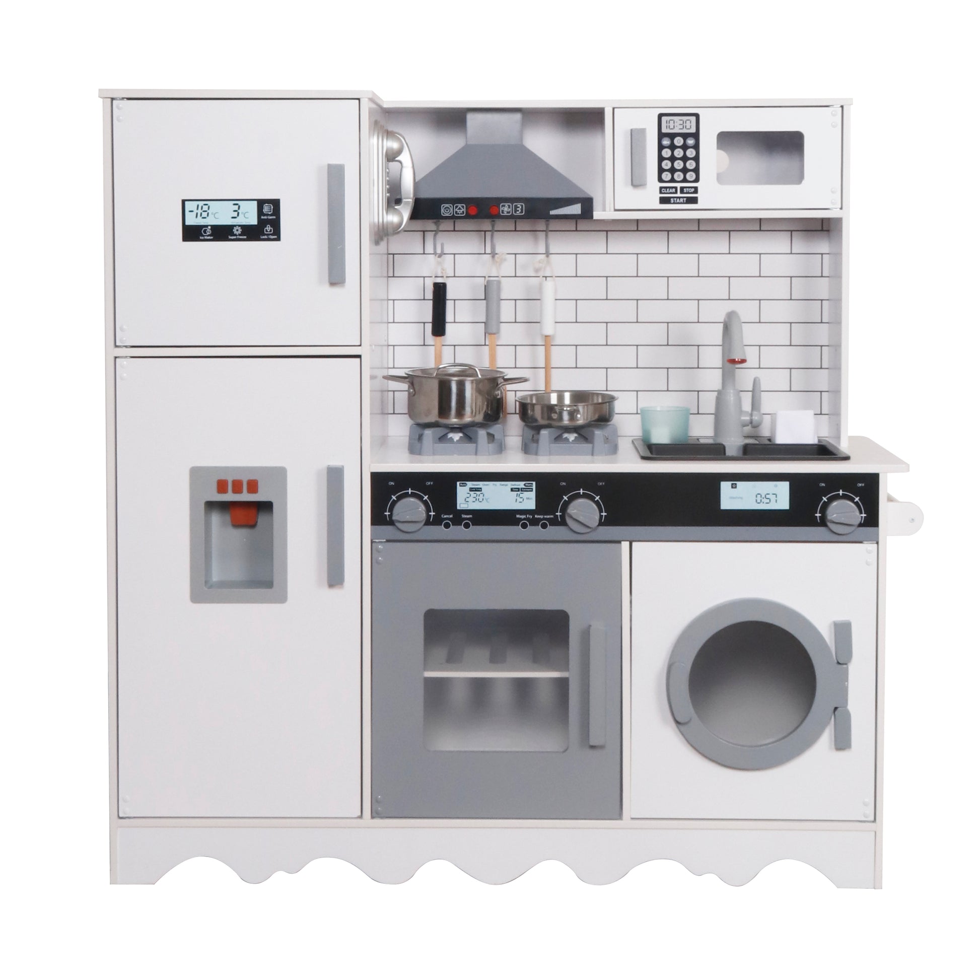 Детска дървена кухня GINGER HOME W10C991 с хладилник, ледогенератор, котлони, мивка, микровълнова, фурна и пералня