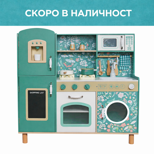 Детска Дървена Кухня GINGER HOME – Винтидж Стил с Електронни Котлони, Светлини, Звуци и Функционални Аксесоари, 91x31x90 см