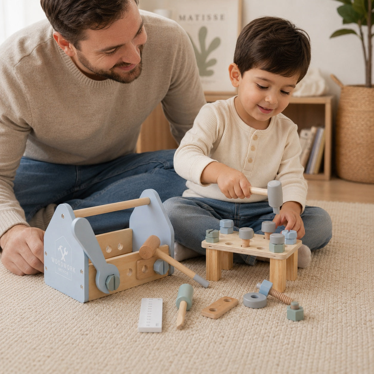 Дете играе с дървена кутия с инструменти GINGER HOME под наблюдението на родител