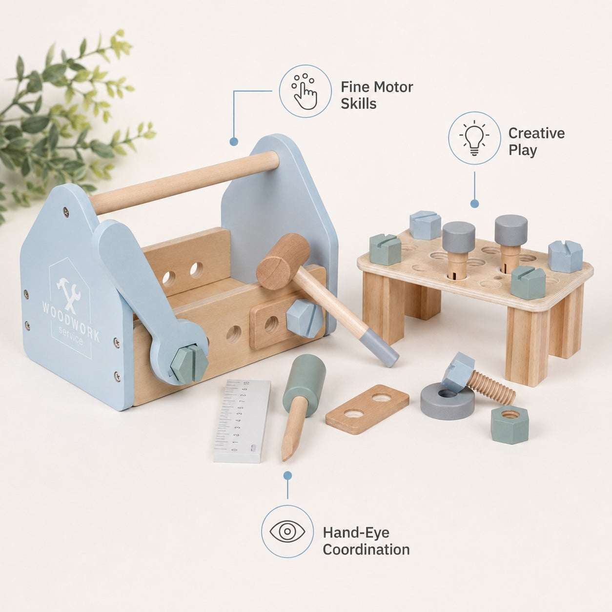 Детска дървена кутия с инструменти GINGER HOME за развитие на фина моторика, координация ръка-око и творческа игра