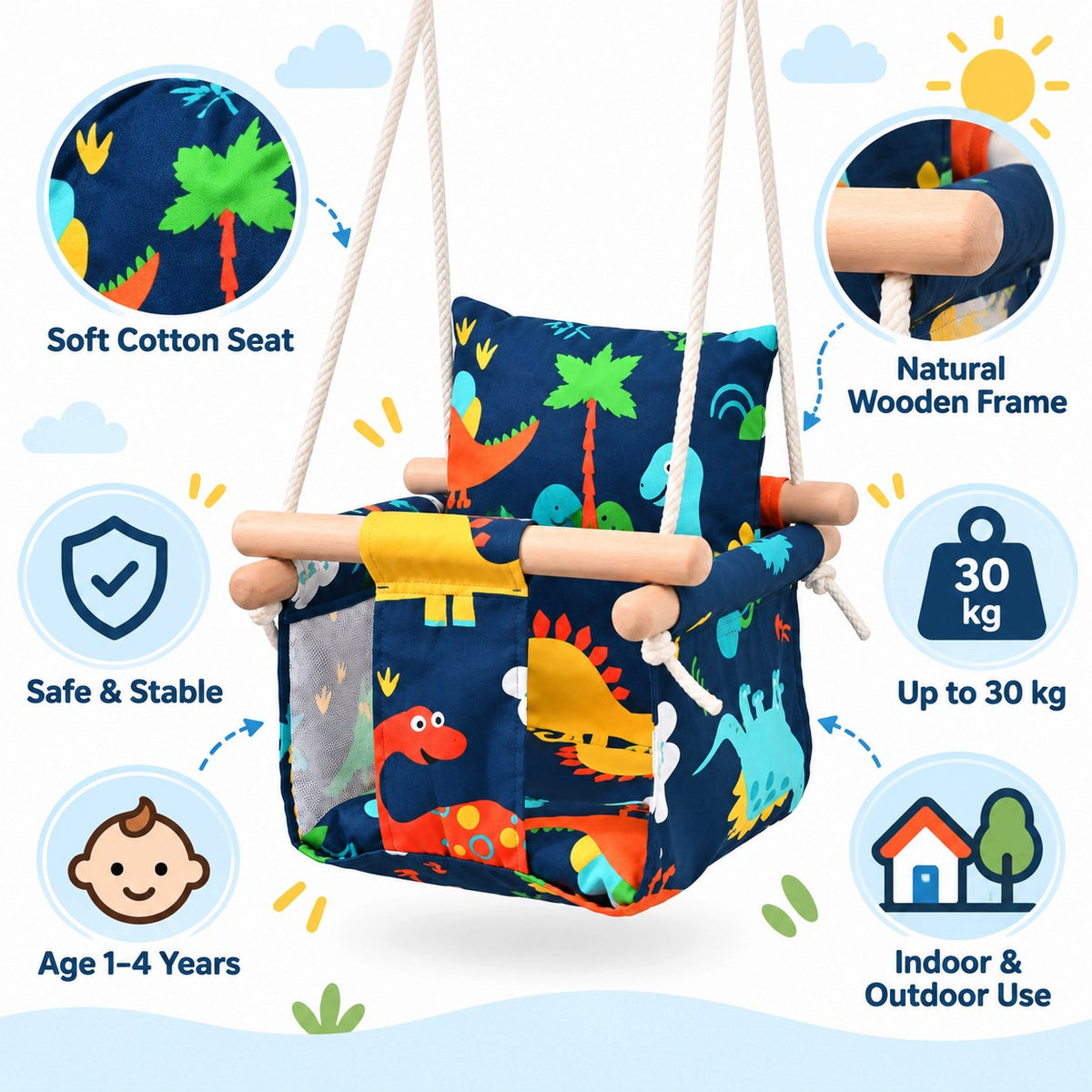 Детска дървена люлка Динозаври GINGER HOME с мек памучен плат, предпазен колан и товароносимост до 30 кг