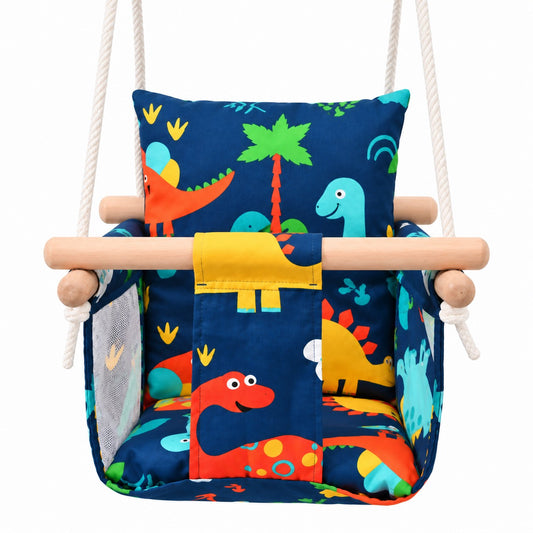 Детска Дървена Люлка Динозаври GINGER HOME – Мека Памучна Седалка, до 30 кг, 28×28×196 см