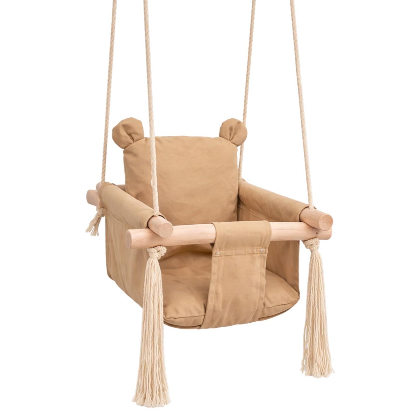 Детска дървена люлка GINGER HOME – страничен изглед на мека памучна седалка и здрава дървена конструкция