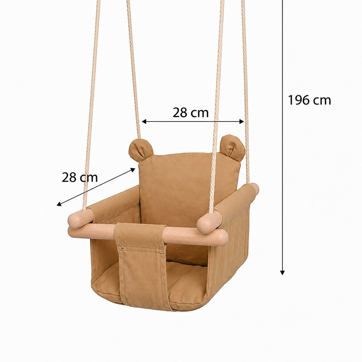 Размери на бебешка люлка GINGER HOME – седалка 28 × 28 см и въжета 196 см