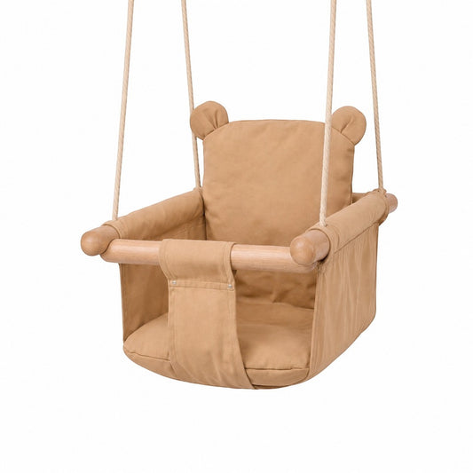 Детска дървена люлка Мече GINGER HOME W01D203 с мека памучна седалка, до 30 кг